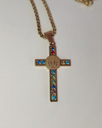 Collana Croce San Benedetto con brillantini 