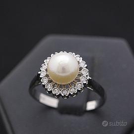 Anello ruff oro bianco 18kt diamanti 0,13ct perla