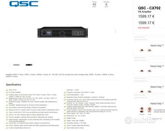 Amplificatore Finale marca QSC modello CX702 made