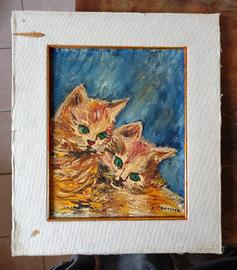 Antico DIPINTO QUADRO Soggetto GATTI - GATTO TELA