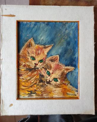 Antico DIPINTO QUADRO Soggetto GATTI - GATTO TELA