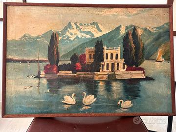 Dipinto olio su cartoncino. Isola e lago con cigni