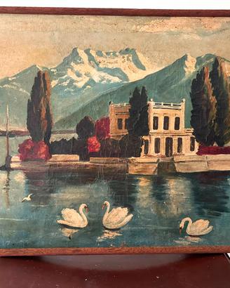 Dipinto olio su cartoncino. Isola e lago con cigni