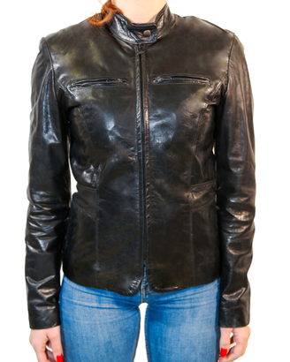 Giacca Donna Vera Pelle Nero Giubbotto Moto Biker