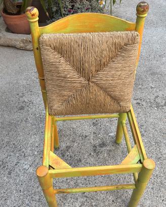 6 Sedie in legno/paglia, color lime arancio shabby