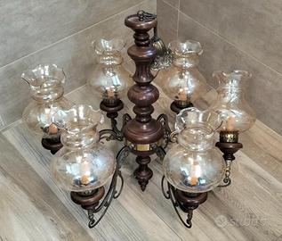 Lampadario vintage (legno, ottone, vetro decorato)