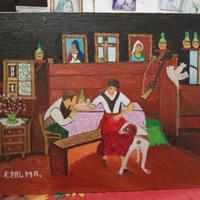 Quadro Naif Cacciatore a tavola con donna e cane