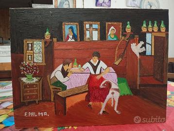 Quadro Naif Cacciatore a tavola con donna e cane
