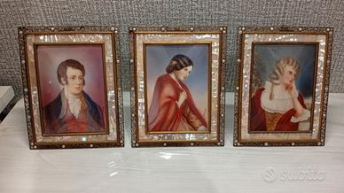 3 Cornici in ottone e Madreperla, con dipinti. ecc