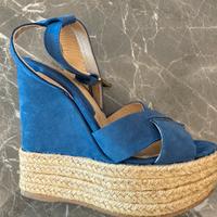 Scarpe donna camoscio blu con zeppa in paglia