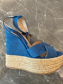 Scarpe donna camoscio blu con zeppa in paglia
