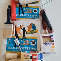 Accessori imbianchino, teli,pennelli,rulli,nastri