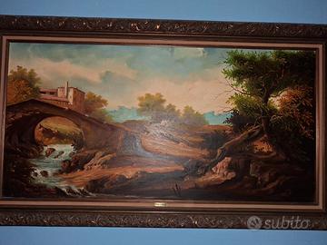 Dipinto olio su tela "paesaggio su ponte" Rocca