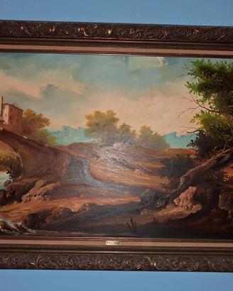 Dipinto olio su tela "paesaggio su ponte" Rocca