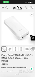Power Bank Puro 20000mAh NUOVO mai usato