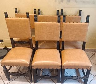 Set di 6 Sedie d'Epoca in Legno Intagliato e Pelle