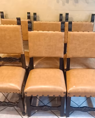 Set di 6 Sedie d'Epoca in Legno Intagliato e Pelle