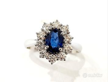 Anello Zaffiro ovale Diamanti Oro Bianco 18 kt