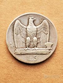 5 lire 1929 2 rosette argento 