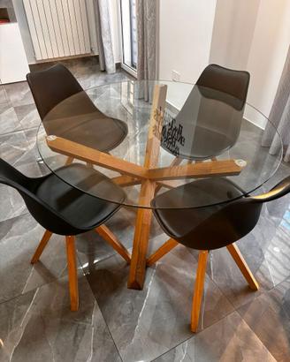 Tavolo da pranzo vetro/rovere naturale +  4 sedie