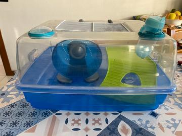 Gabbietta criceto + accessori + pellet e sabbia