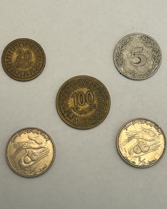 Collezione di 5 monete Tunisia Millimes Dinar