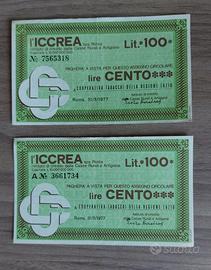 lotto 2 miniassegni ICCREA da 100 lire ottime cond