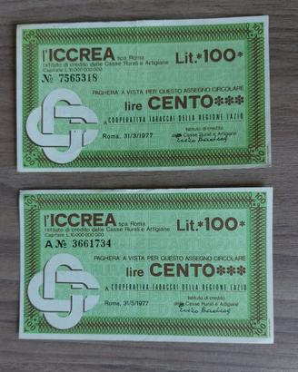 lotto 2 miniassegni ICCREA da 100 lire ottime cond