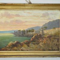Antico dipinto olio su tela - scorcio marino '800