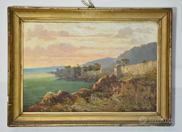 Antico dipinto olio su tela - scorcio marino '800