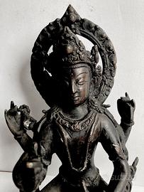 Statua 4 braccia antica bronzo Buddha Tara Tibet