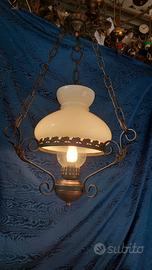 lampadario campana opalina vintage rame e ferro 