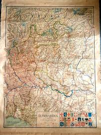 Antica cartina geografica telata regione Lombardia