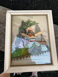 Dipinto asiatico su vetro incorniciato