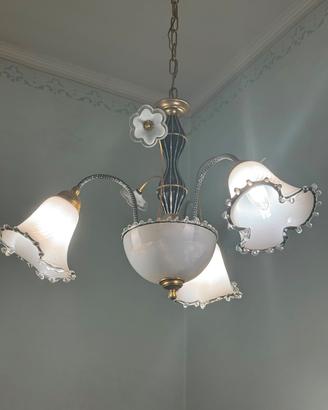 lampadario vintage vetro lattimo ceramica calice