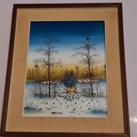 Quadro naif con paesaggio neve - colore blu