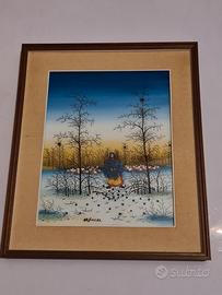 Quadro naif con paesaggio neve - colore blu
