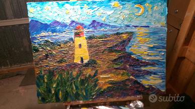 Faro nella notte – Olio su tela, 80 × 60 cm