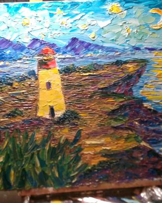 Faro nella notte – Olio su tela, 80 × 60 cm