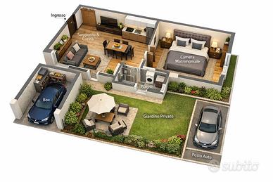 Ampio bilocale con giardino privato e box