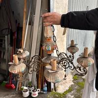 Lampadario in porcellana e ottone anni 30