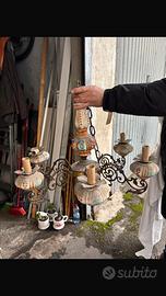 Lampadario in porcellana e ottone anni 30