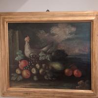 Antica natura morta con frutta e gallina