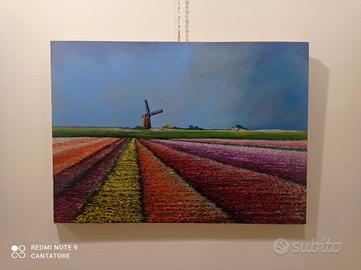 Quadro paesaggio olandese con tulipani