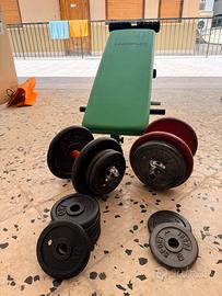 Set panca + coppia manubri + pesi in ghisa