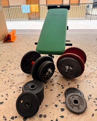 Set panca + coppia manubri + pesi in ghisa