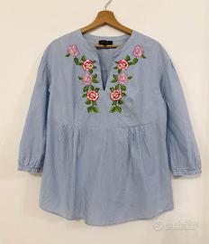 LUISA SPANOLI Maglia blusa bianca lu righe fiori