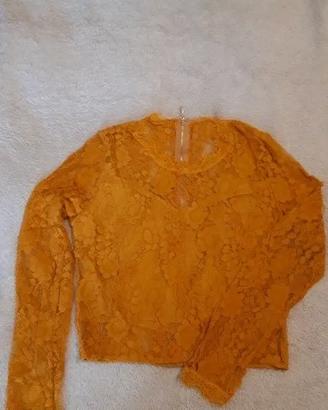 Maglia nuova pizzo trasparente floreale S senape