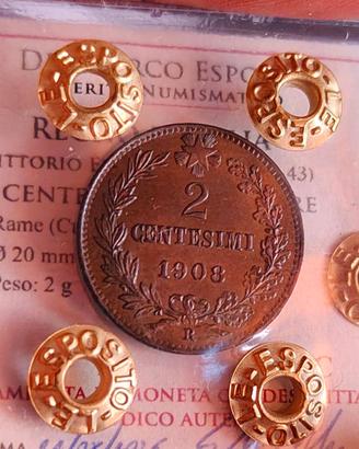 2 CENTESIMI 1908 VALORE FDC PERIZIATO 