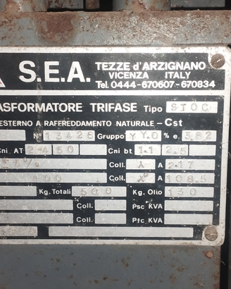 Trasformatore S.E.A. ad olio